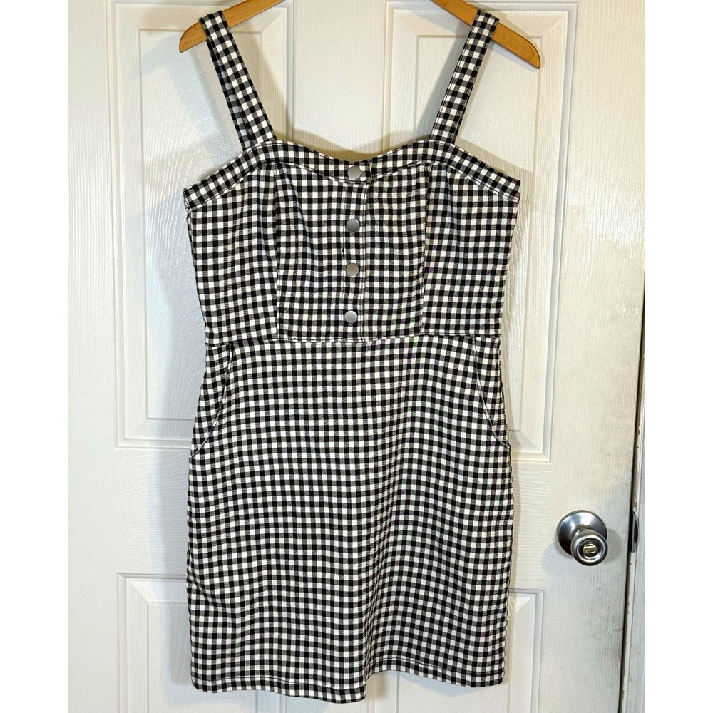 Juniors L Black/White Gingham Sleeveless Square Neck mini dress pockets